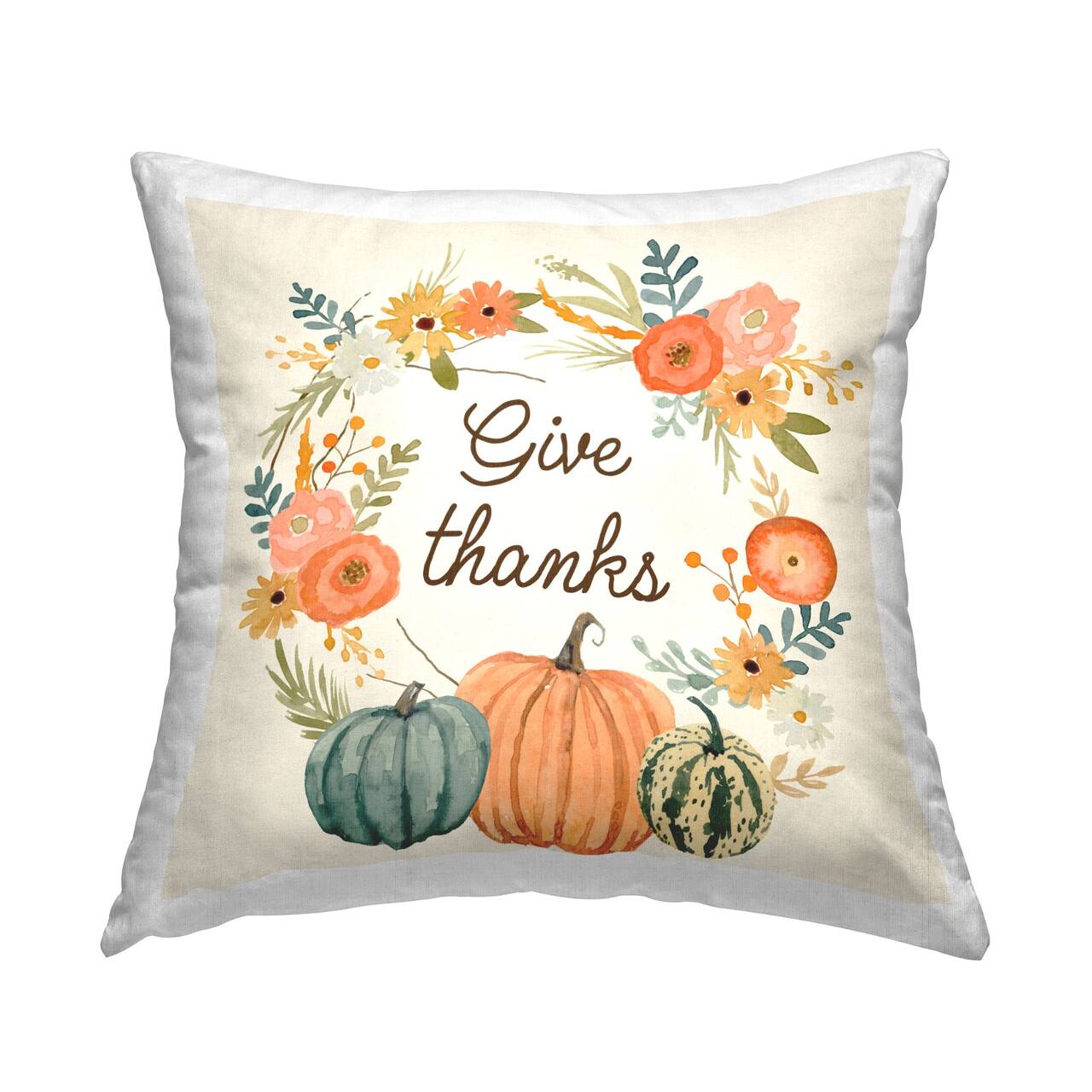 Stupell Industries Give Thanks Orange Pumpkin Flower Wreath Throw Pillow